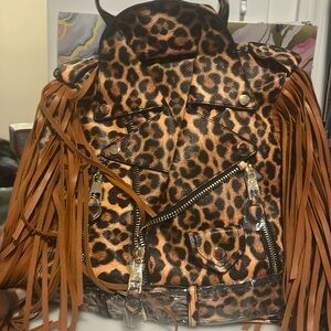 Leopard Moto Jacket Fringe Backpack Handbag
